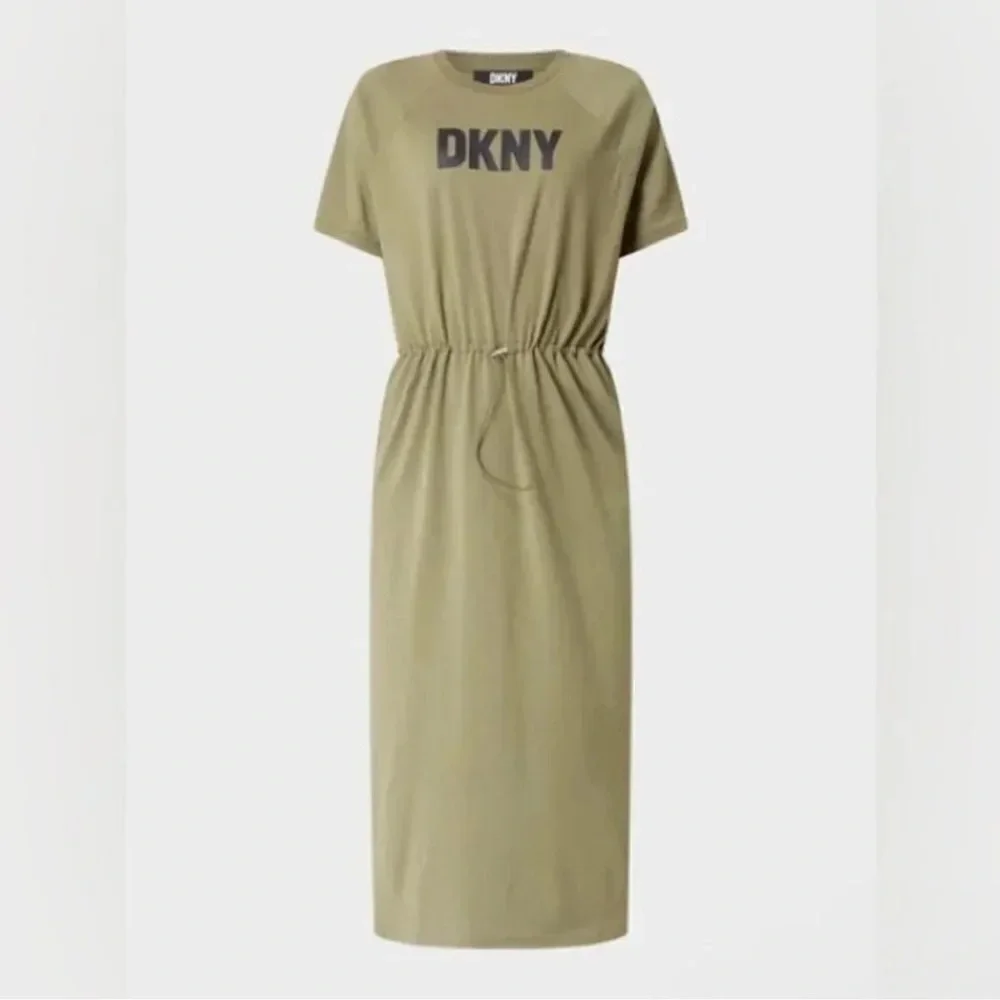 DKNY Logo Drawstring Waist Jewel Neck Short Sleeve Knit Midi Dress NWT